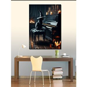 Kanvas Tablo Şapkalı Siyah Kedi Ve Piyano 70x100 cm