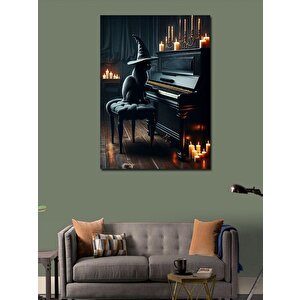 Kanvas Tablo Şapkalı Siyah Kedi Ve Piyano 70x100 cm