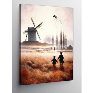 Kanvas Tablo Retro Uçurtma Uçuran Çocuklar 100x140 cm