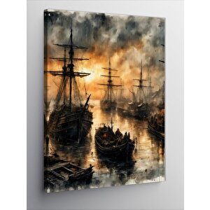 Kanvas Tablo İskeledeki Gemiler Ve Tekneler 100x140 cm
