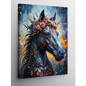 Kanvas Tablo Çiçekler Ve Siyah At 70x100 cm