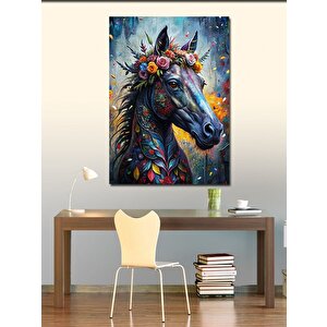 Kanvas Tablo Çiçekler Ve Siyah At 70x100 cm