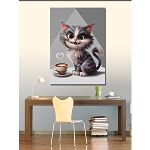 Kanvas Tablo Sevimli Kedi Ve Kahve Fincanı