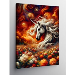 Kanvas Tablo Tek Boynuzlu At Ve Çiçekler 100x140 cm