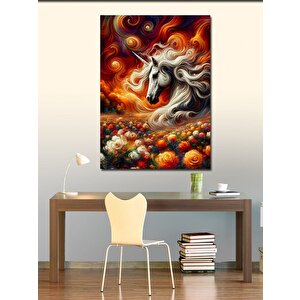 Kanvas Tablo Tek Boynuzlu At Ve Çiçekler 100x140 cm