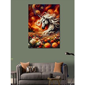 Kanvas Tablo Tek Boynuzlu At Ve Çiçekler 100x140 cm