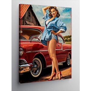 Kanvas Tablo Kırmızı Klasik Araba Ve Pin Up Kadın 100x140 cm