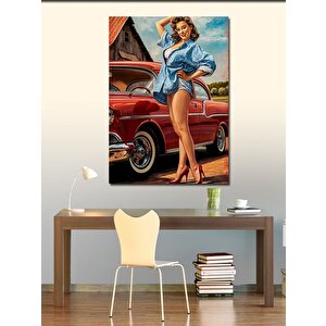 Kanvas Tablo Kırmızı Klasik Araba Ve Pin Up Kadın 100x140 cm