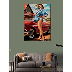 Kanvas Tablo Kırmızı Klasik Araba Ve Pin Up Kadın 100x140 cm