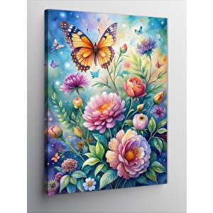 Kanvas Tablo Kelebek Ve Renkli Çiçekler 70x100 cm