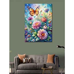 Kanvas Tablo Kelebek Ve Renkli Çiçekler 70x100 cm
