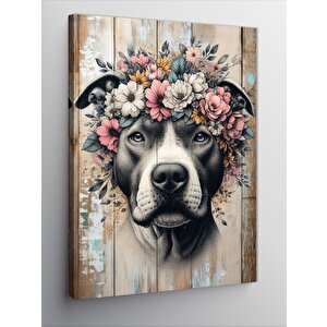 Kanvas Tablo Pitbul Köpek Ve Çiçekler 100x140 cm