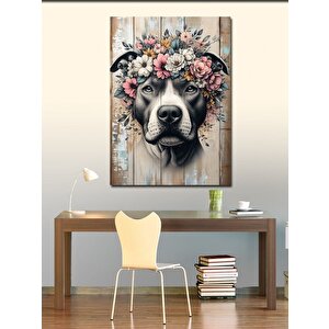 Kanvas Tablo Pitbul Köpek Ve Çiçekler 100x140 cm