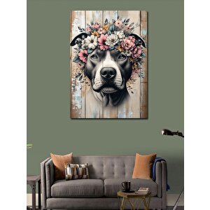 Kanvas Tablo Pitbul Köpek Ve Çiçekler 100x140 cm