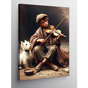 Kanvas Tablo Sokakta Keman Çalan Çocuk Ve Köpek 100x140 cm