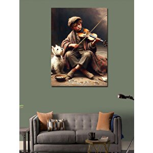 Kanvas Tablo Sokakta Keman Çalan Çocuk Ve Köpek 100x140 cm