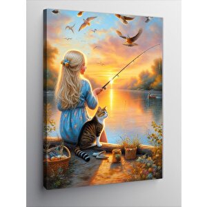 Kanvas Tablo Gün Batımında Balık Tutan Kız Ve Kedi 100x140 cm