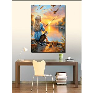 Kanvas Tablo Gün Batımında Balık Tutan Kız Ve Kedi 100x140 cm
