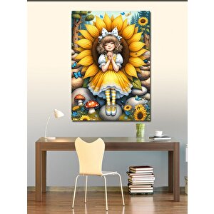 Kanvas Tablo Ay Çiçekleri Ve Sarı Elbiseli Kız 70x100 cm