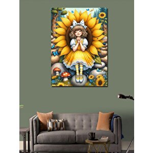 Kanvas Tablo Ay Çiçekleri Ve Sarı Elbiseli Kız 70x100 cm