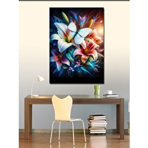 Kanvas Tablo Beyaz Kelebek Ve Zambak Çiçekleri 70x100 cm