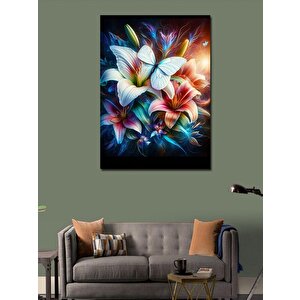 Kanvas Tablo Beyaz Kelebek Ve Zambak Çiçekleri 100x140 cm