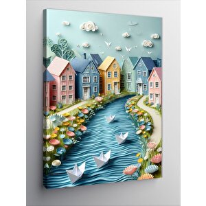Kanvas Tablo Renkli Evler Ve Origami Kayıklar 100x140 cm