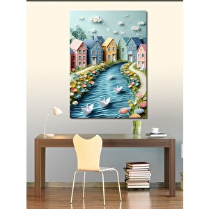 Kanvas Tablo Renkli Evler Ve Origami Kayıklar 100x140 cm