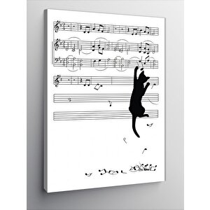 Kanvas Tablo Müzik Notalarına Tırmanan Kedi