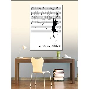 Kanvas Tablo Müzik Notalarına Tırmanan Kedi