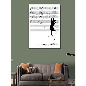 Kanvas Tablo Müzik Notalarına Tırmanan Kedi