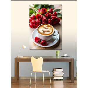 Kanvas Tablo Kırmızı Güller Ve Kahve Fincanı 100x140 cm