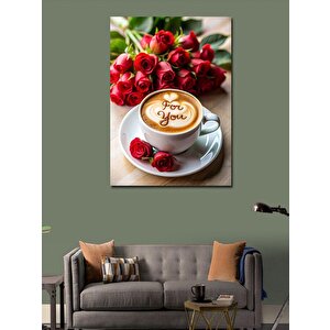 Kanvas Tablo Kırmızı Güller Ve Kahve Fincanı 100x140 cm