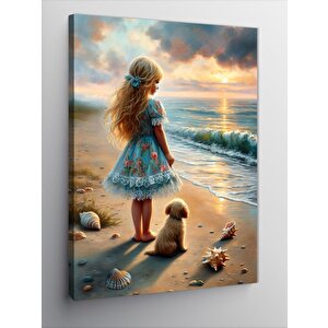 Kanvas Tablo Kumsaldaki Küçük Kız Ve Köpek 70x100 cm
