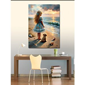 Kanvas Tablo Kumsaldaki Küçük Kız Ve Köpek 70x100 cm