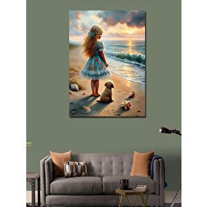 Kanvas Tablo Kumsaldaki Küçük Kız Ve Köpek 70x100 cm