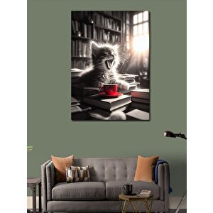 Kanvas Tablo Kırmızı Fincan Ve Esneyen Kedi 70x100 cm