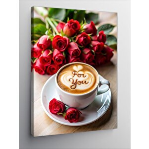 Kanvas Tablo Kırmızı Güller Ve Kahve Fincanı