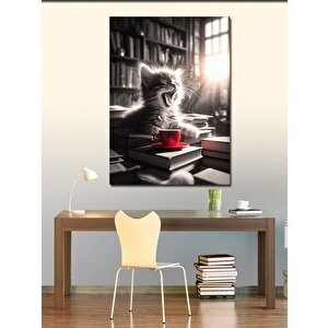 Kanvas Tablo Kırmızı Fincan Ve Esneyen Kedi