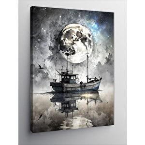 Kanvas Tablo Dolunay Ve Balıkçı Teknesi 100x140 cm