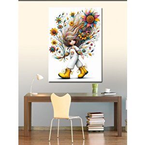 Kanvas Tablo Sarı Çizmeli Kız Ve Çiçekler 70x100 cm