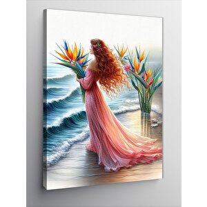 Kanvas Tablo Kumsaldaki Kadın Ve Çiçekler 70x100 cm