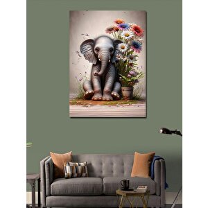 Kanvas Tablo Yavru Fil Ve Çiçekler 100x140 cm