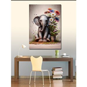 Kanvas Tablo Yavru Fil Ve Çiçekler 70x100 cm
