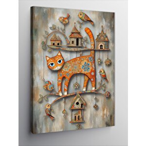 Kanvas Tablo Sevimi Kuş Evleri Ve Desenli Kedi