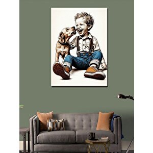 Kanvas Tablo Gülen Çocuk Ve Köpeği 70x100 cm