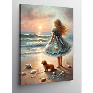 Kanvas Tablo Yavru Köpek Ve Kız Çocuğu