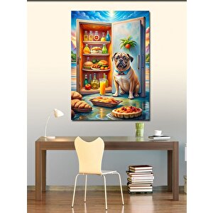 Kanvas Tablo Buzdolabıdaki Yiyecekler Ve Köpek 100x140 cm