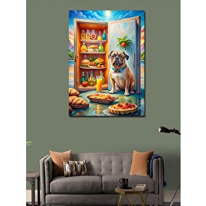 Kanvas Tablo Buzdolabıdaki Yiyecekler Ve Köpek 100x140 cm