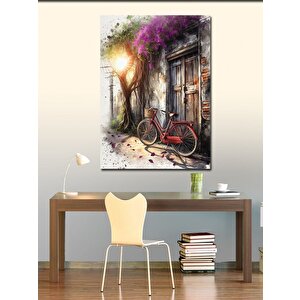 Kanvas Tablo Kırmızı Retro Bisiklet Ve Ev 100x140 cm